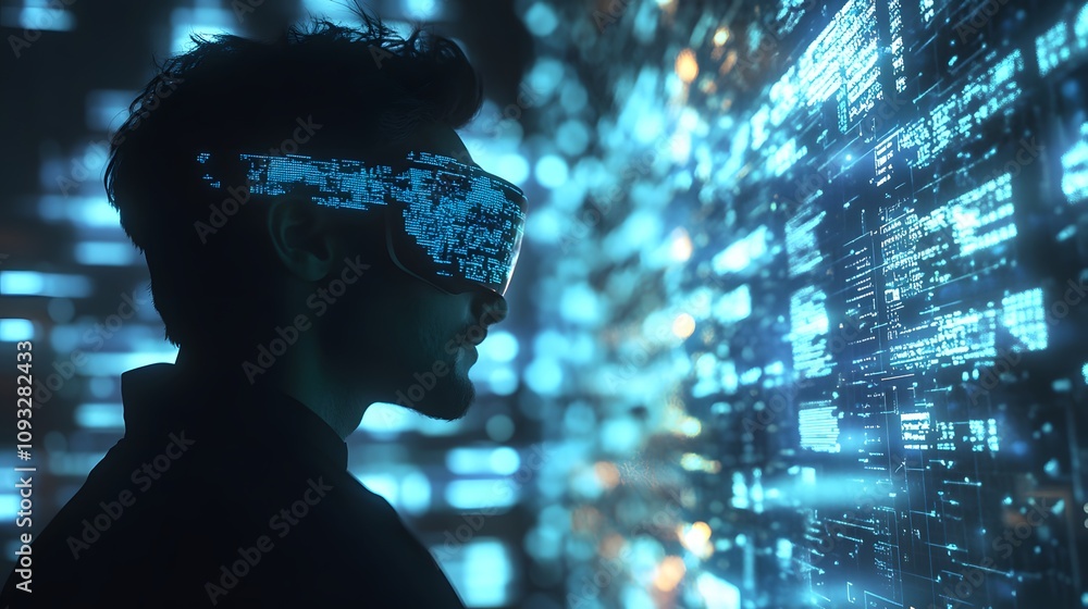 Poster A professional using AI-driven augmented reality glasses to interact with 3D glowing task boards and 2D project timelines. 4k resolution, Cinematic Scene