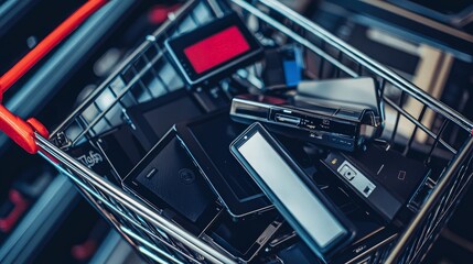 Shopping cart filled with old electronics for recycling or disposal.