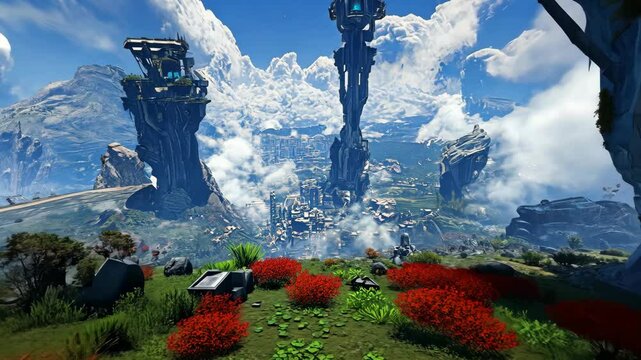 A breathtaking vista unfolds from a high vantage point revealing a futuristic city nestled among towering rock formations and fluffy clouds