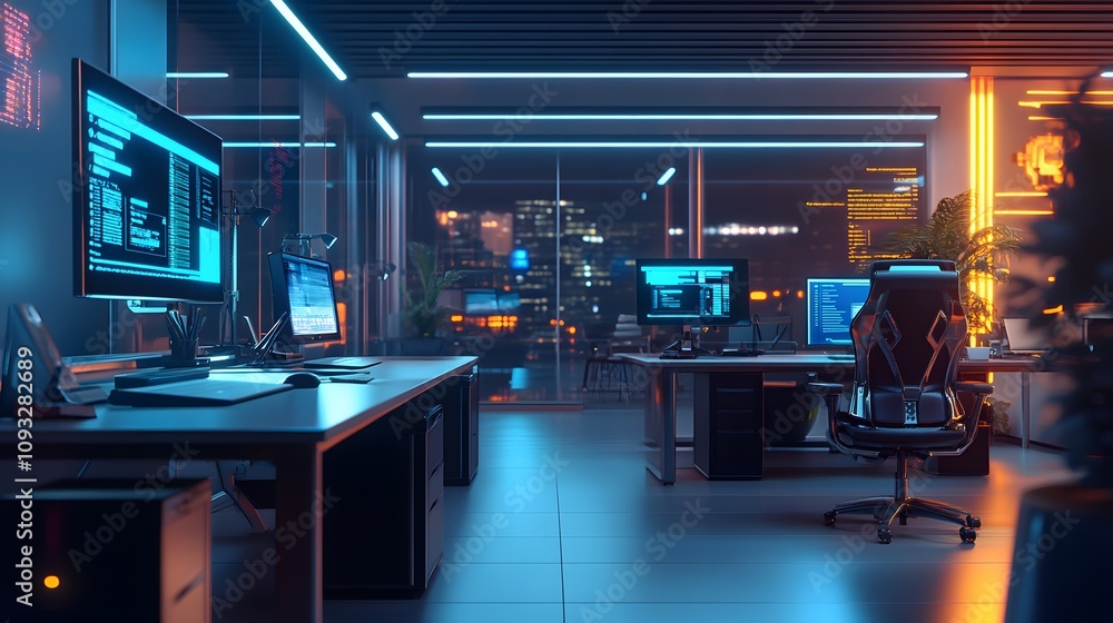 Poster A futuristic co-working space integrating AI-powered 3D virtual assistants with 2D animated task guidance. 4k resolution, Cinematic Scene