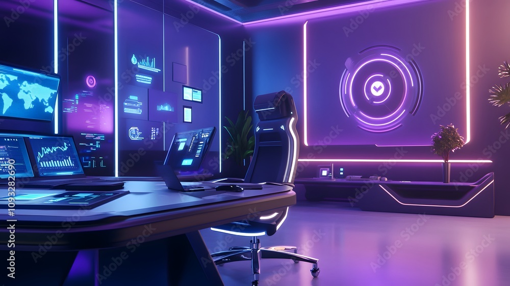 Poster A futuristic co-working space integrating AI-powered 3D virtual assistants with 2D animated task guidance. 4k resolution, Cinematic Scene