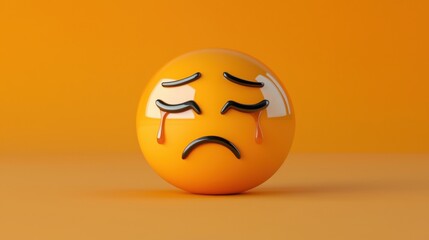 Fototapeta premium A sad emoji with tears on an orange background, representing feelings of sorrow and emotional distress.