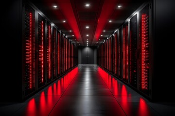 A server room with rows of servers and red lights