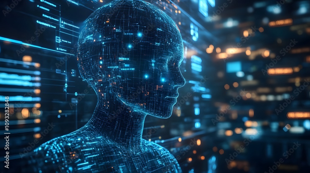 Aufkleber A workspace with AI-driven 3D predictive analytics and 2D visual data comparison tools. 4k resolution, Cinematic Scene