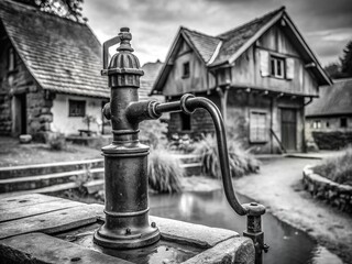 Manual Water Pump in Rural Village - Black and White Photo