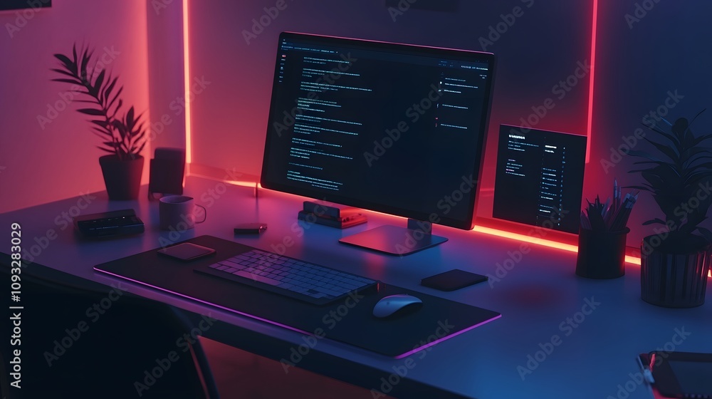 Poster a sleek desk setup with ai-powered 3d glowing workflow organizers and 2d reminders for deadlines. 4k