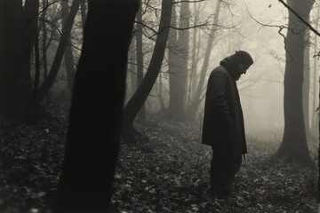 Contemplative man standing alone in a misty forest