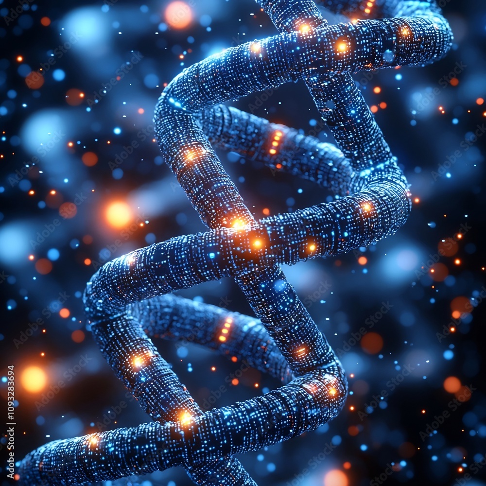 Poster digitally rendered dna molecule intertwining with circuit board symbolizing bio computing and data s