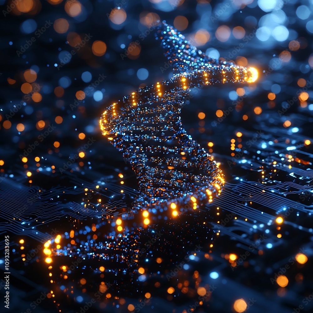 Aufkleber intertwined dna molecule and digital circuit board bio computing and data storage concept