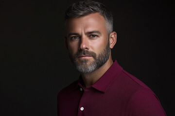 Obraz premium A designer in burgundy polo with trimmed beard, perfect studio lighting setup.