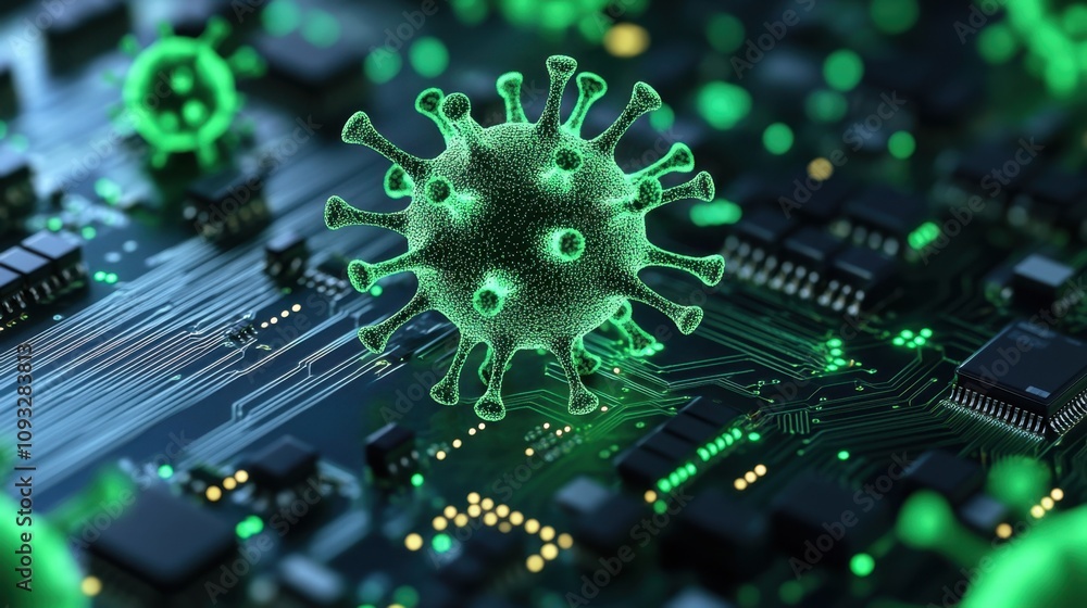 Aufkleber green virus structure on electronic circuit board representing the intersection of technology and he
