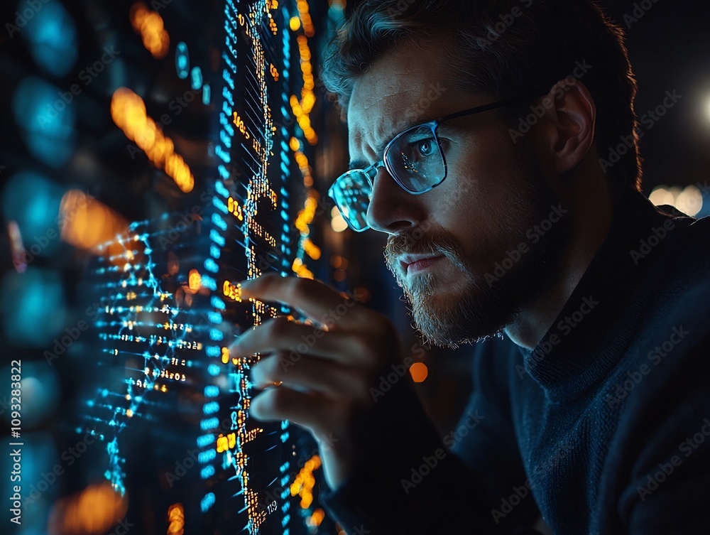 Poster researcher analyzing holographic dna sequence with digital data files appearing in blank background 