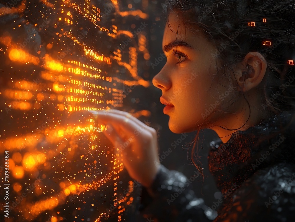 Poster scientist examining holographic dna data files in conceptual laboratory setting