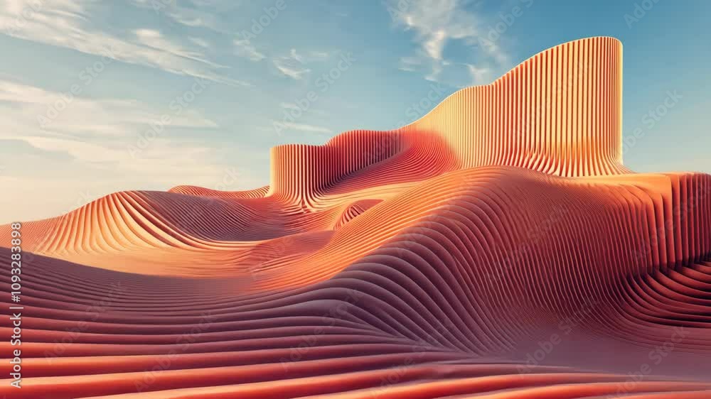 Poster digital rendering of an abstract landscape shows undulating, textured forms under a partly cloudy sk