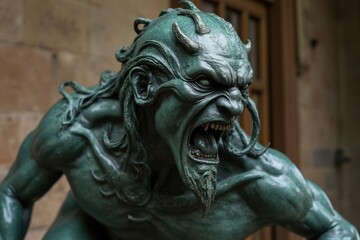 Obraz premium Fierce green statue of a mythical creature with horns