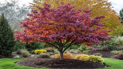 Naklejka premium Autumnal Splendor: A Crimson Japanese Maple Tree in a Garden Setting