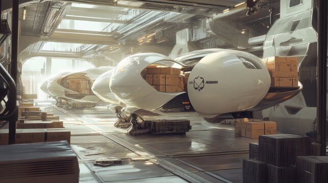 Futuristic cargo drones in a warehouse loading packages.