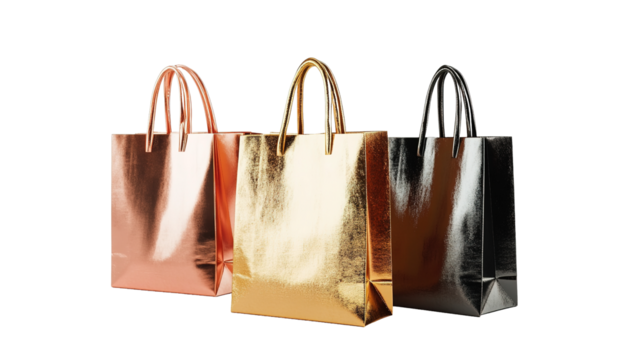 Stylish metallic shopping bags showcase modern retail space product photography urban environment eye-level view isolate concept