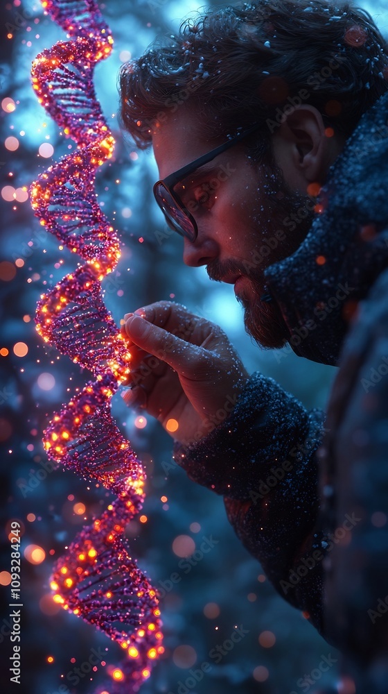 Poster scientist utilizing digital interface to encode biological data into glowing dna helix representing 