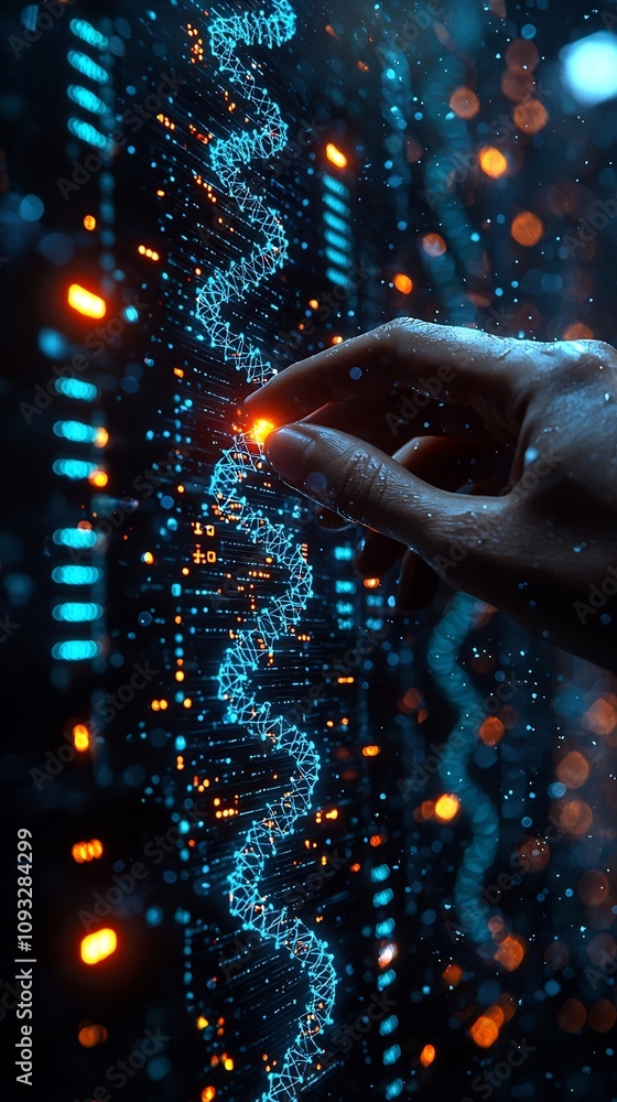 Poster scientist using digital interface to write data into glowing dna helix representing biological data 