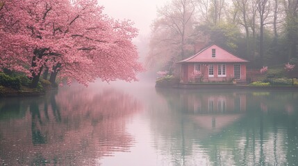 Fototapeta premium A serene landscape featuring cherry blossoms near a tranquil lake and a charming house.