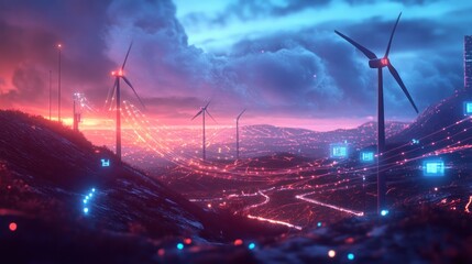Futuristic city landscape with wind turbines at sunset, illuminated by neon lights and digital network connections.