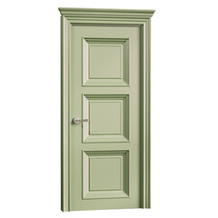 A green door with three panels and a silver handle