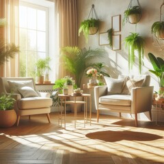 Bright and airy living space with indoor plants, natural light, and cozy seating
