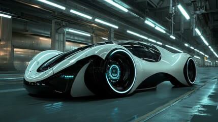 Futuristic Concept: Stylish Japanese Businessman Riding on a Back Seat of an Autonomous Self-Driving Zero-Emissions Electric Car. He is Riding on the Highway in the City of the Future.