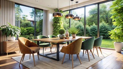 Fototapeta premium Modern Dining Room AI Photography, Modern Chair, Plant Vase, Interior Design