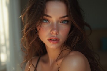 Naklejka premium Close-up portrait of a young woman with blue eyes and wavy hair