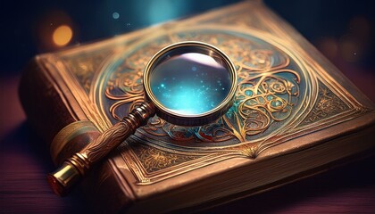 Obraz premium 오래된 백과사전과 위에 놓인 돋보기