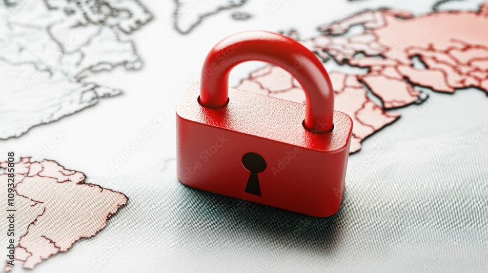 Poster red padlock symbolizing security and protection on a world map background, representing global safet
