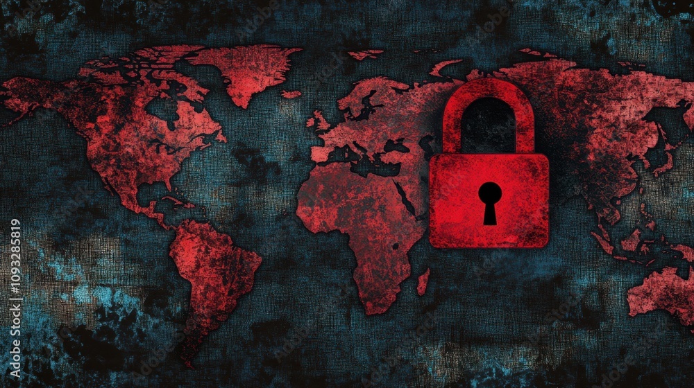 Poster digital world map with padlock symbolizing cybersecurity, data protection, and privacy concerns in a