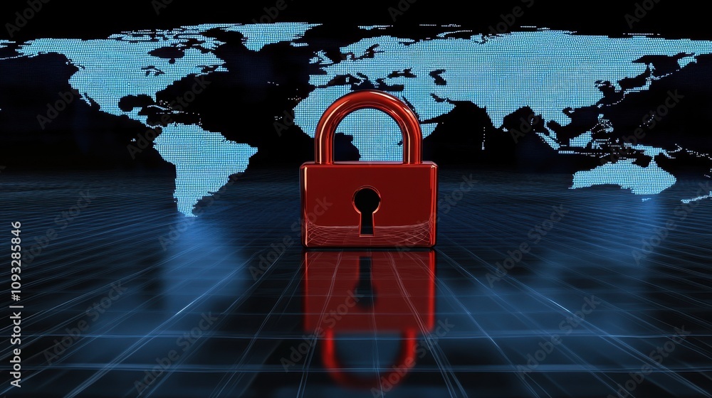 Poster red padlock on a digital background representing security and protection in a global context with a 