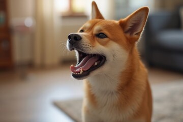Cheerful Shiba Inu dog smiling indoors