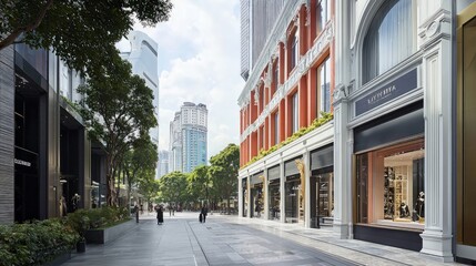 Naklejka premium Upscale city street with pedestrians, modern and classic architecture, lush greenery.