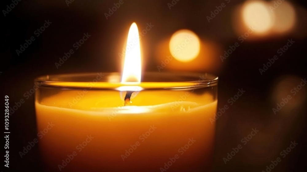 Poster close-up of a flickering candle flame in a softly lit environment, creating a warm and inviting atmo