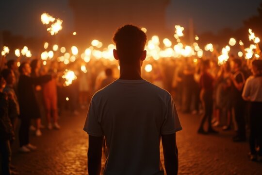 Young man watching a vibrant celebration with sparklers