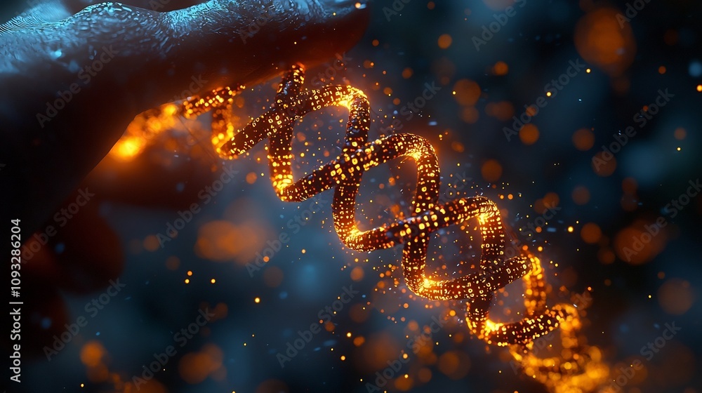 Poster scientist holding glowing dna strand with binary code data storage concept on clean white backdrop
