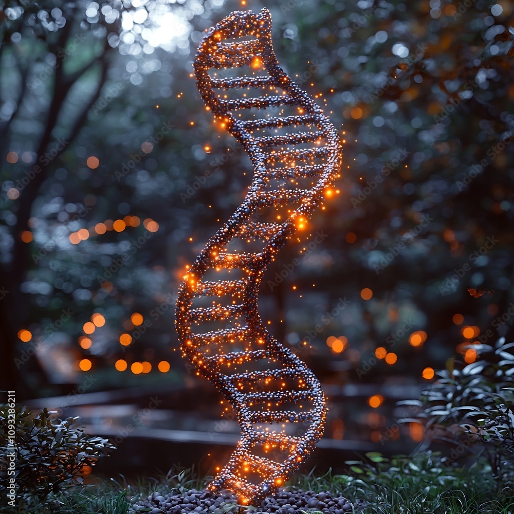Poster glowing holographic dna helix floating above computer with flowing digital data