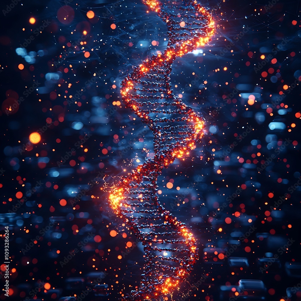 Poster holographic dna helix with flowing digital data for futuristic technology and science concepts