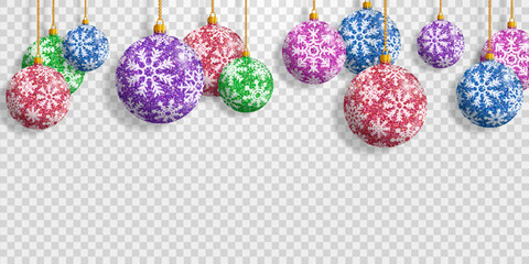 Vector Christmas balls isolated on png background. New Year colorful balls. Christmas hanging balls vector set design isolated on transparent