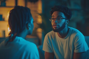 A focused shot of a man wearing glasses engaged in a deep conversation with another person, in a warm, softly lit environment with a calm and introspective mood