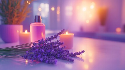 Lavender, candles, and lotion create a relaxing spa atmosphere.