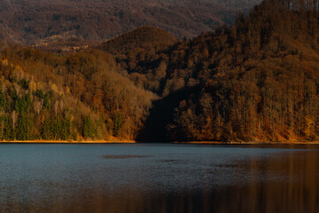 Late autumn sunset light at the lake in Firiza, Romania