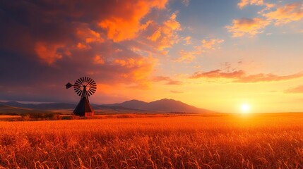 Fototapeta premium Serene Rural Landscape at Sunset Featuring a Traditional Windmill Against a Dramatic Sky Over Golden Fields and Majestic Mountains