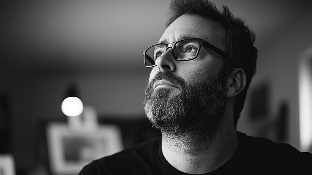 A contemplative man with a beard and glasses gazes upward in a softly lit room, reflecting on his thoughts. - Powered by Adobe