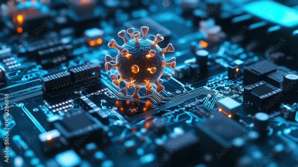 Poster abstract representation of a virus model superimposed on a circuit board, showcasing technology and 