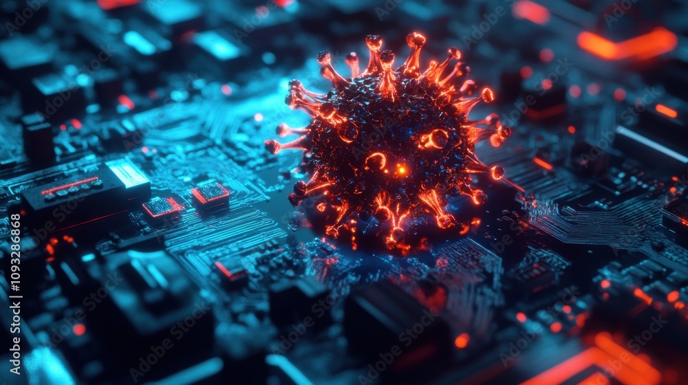 Aufkleber abstract representation of a virus overlaid on a digital circuit board, highlighting the intersectio